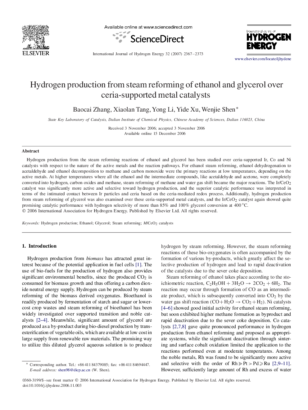 Hydrogen production from steam reforming of ethanol and glycerol over ceria-supported metal catalysts