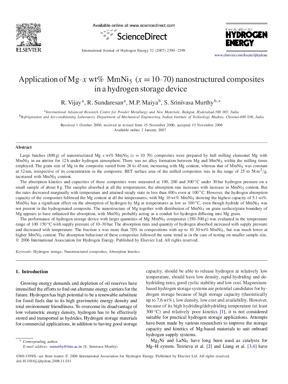 Application of Mg–xwt%MmNi5(x=10–70) nanostructured composites in a hydrogen storage device