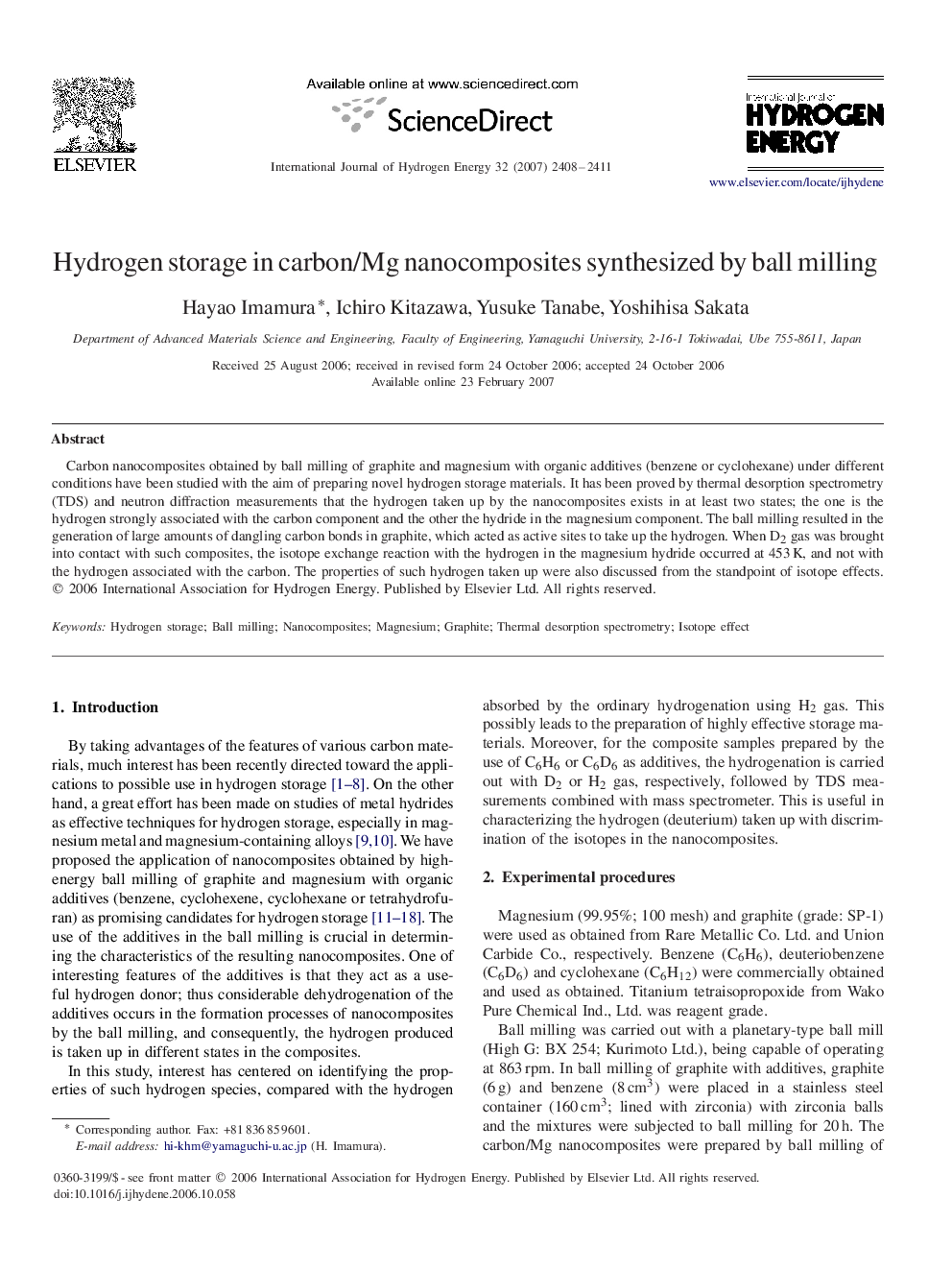 Hydrogen storage in carbon/Mg nanocomposites synthesized by ball milling