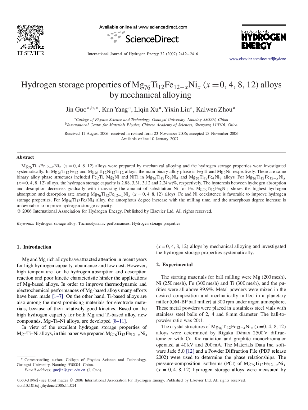 Hydrogen storage properties of Mg76Ti12Fe12-xNixMg76Ti12Fe12-xNix(x=0,4,8,12)(x=0,4,8,12) alloys by mechanical alloying