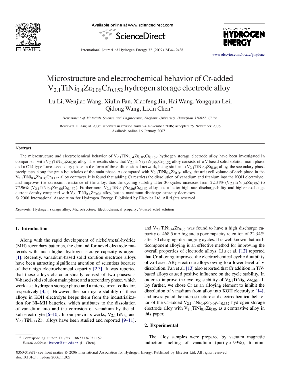 Microstructure and electrochemical behavior of Cr-added V2.1TiNi0.4Zr0.06Cr0.152 hydrogen storage electrode alloy