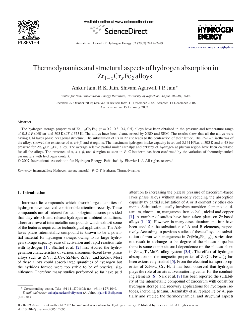 Thermodynamics and structural aspects of hydrogen absorption in Zr1-xCrxFe2Zr1-xCrxFe2 alloys