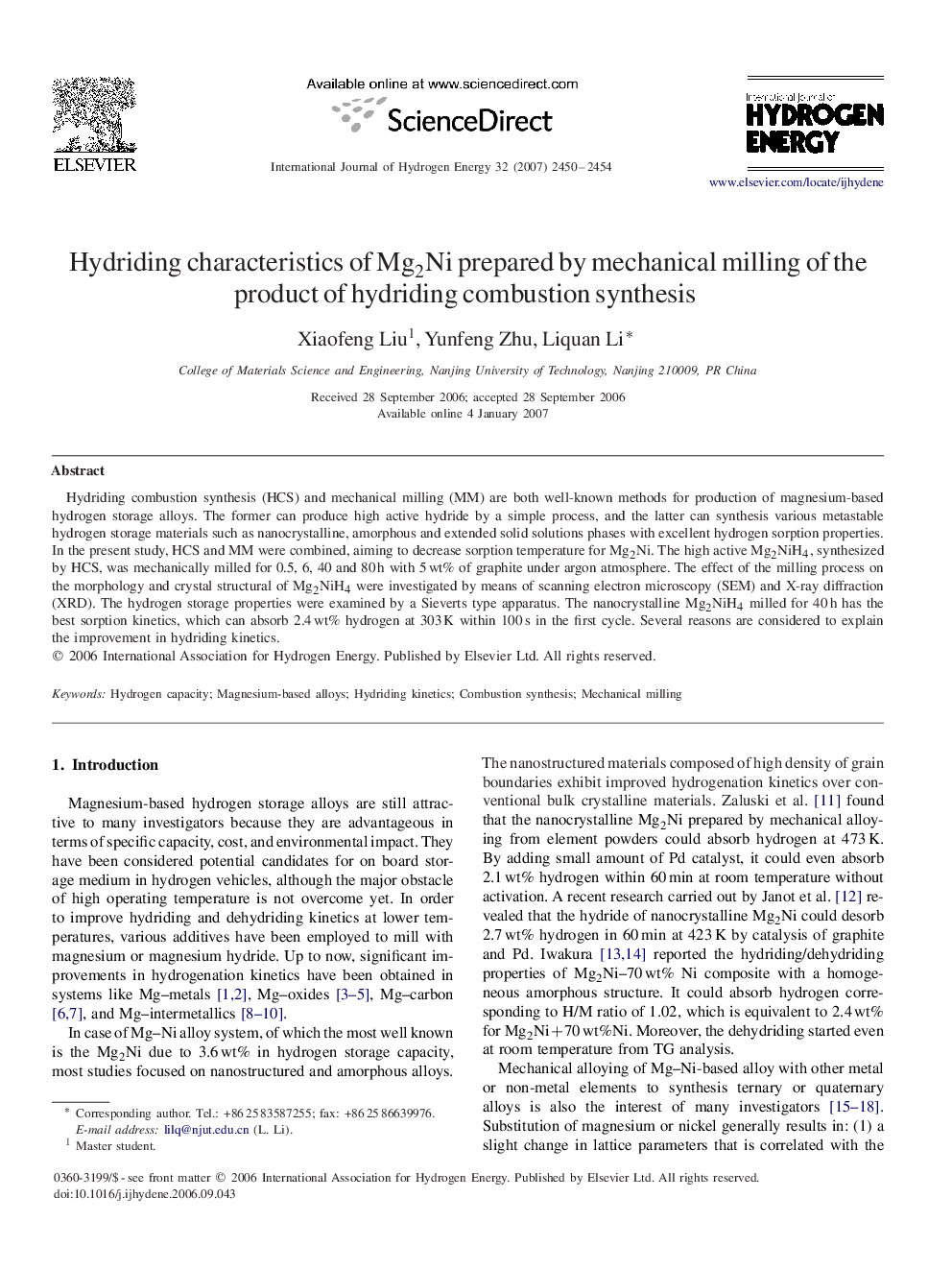 Hydriding characteristics of Mg2NiMg2Ni prepared by mechanical milling of the product of hydriding combustion synthesis