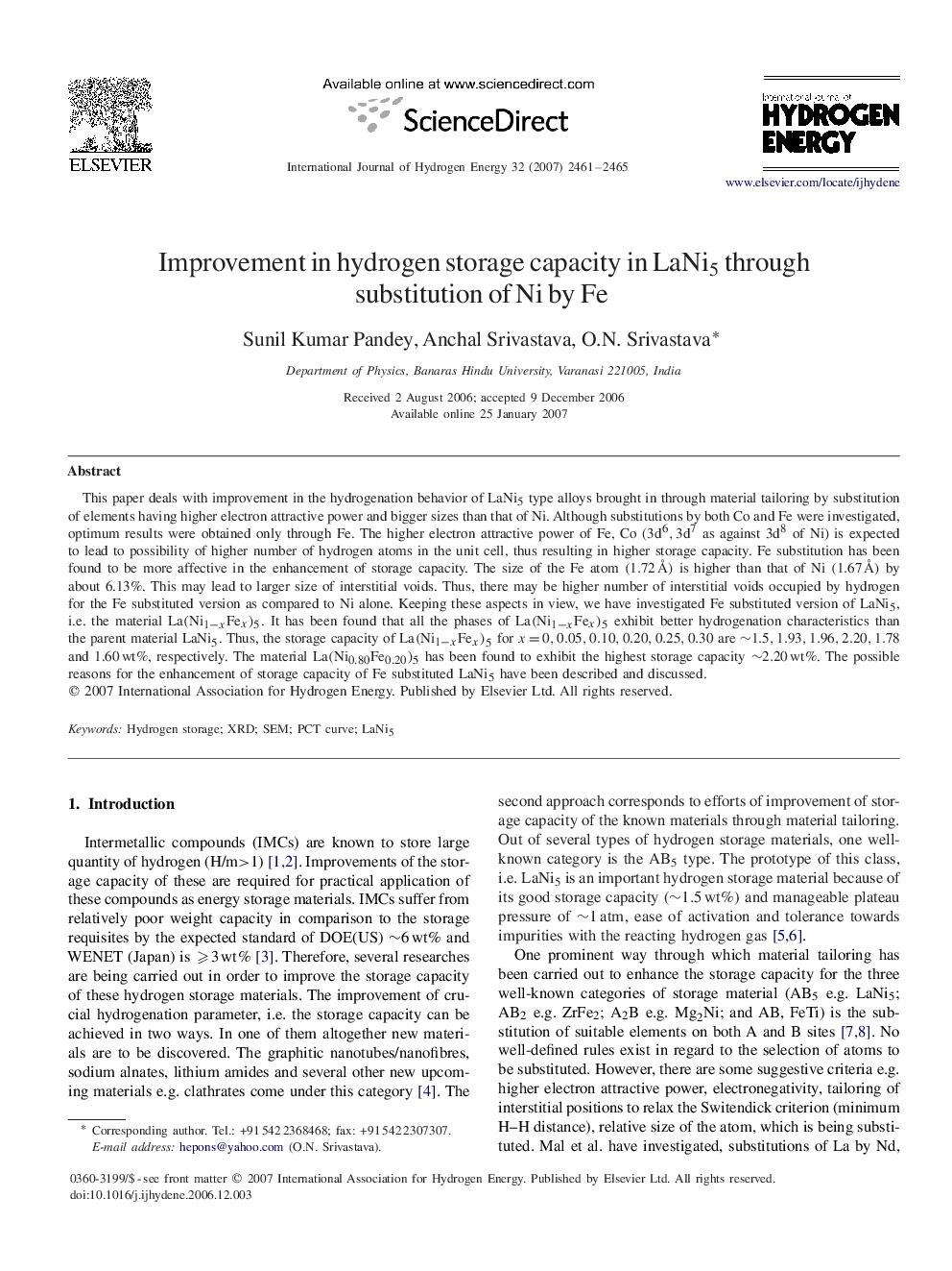 Improvement in hydrogen storage capacity in LaNi5LaNi5 through substitution of Ni by Fe