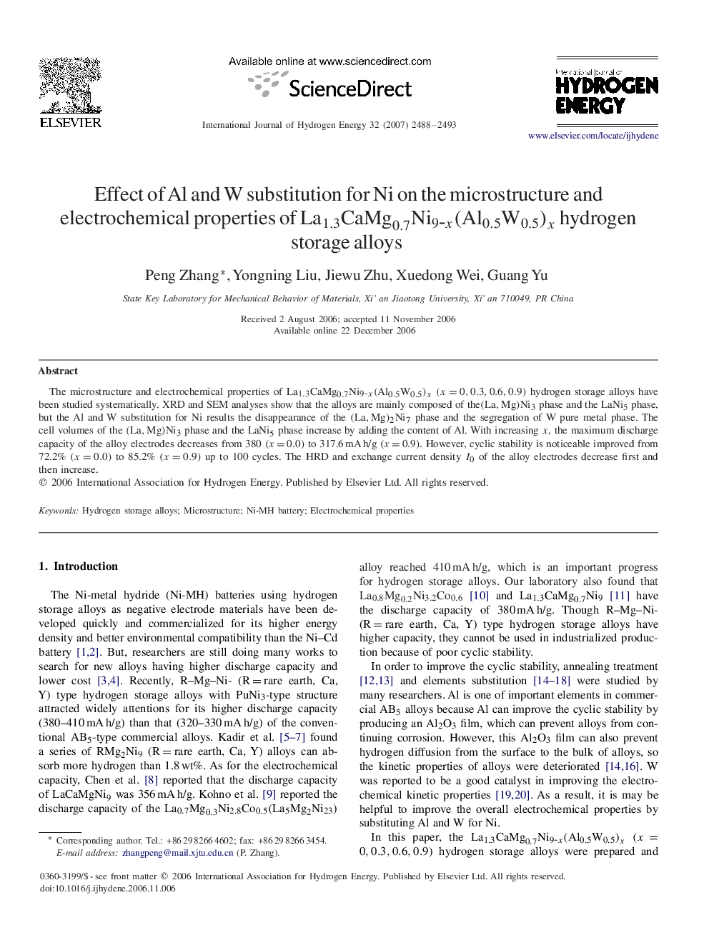 Effect of Al and W substitution for Ni on the microstructure and electrochemical properties of La1.3CaMg0.7Ni9-x(Al0.5W0.5)xLa1.3CaMg0.7Ni9-x(Al0.5W0.5)x hydrogen storage alloys