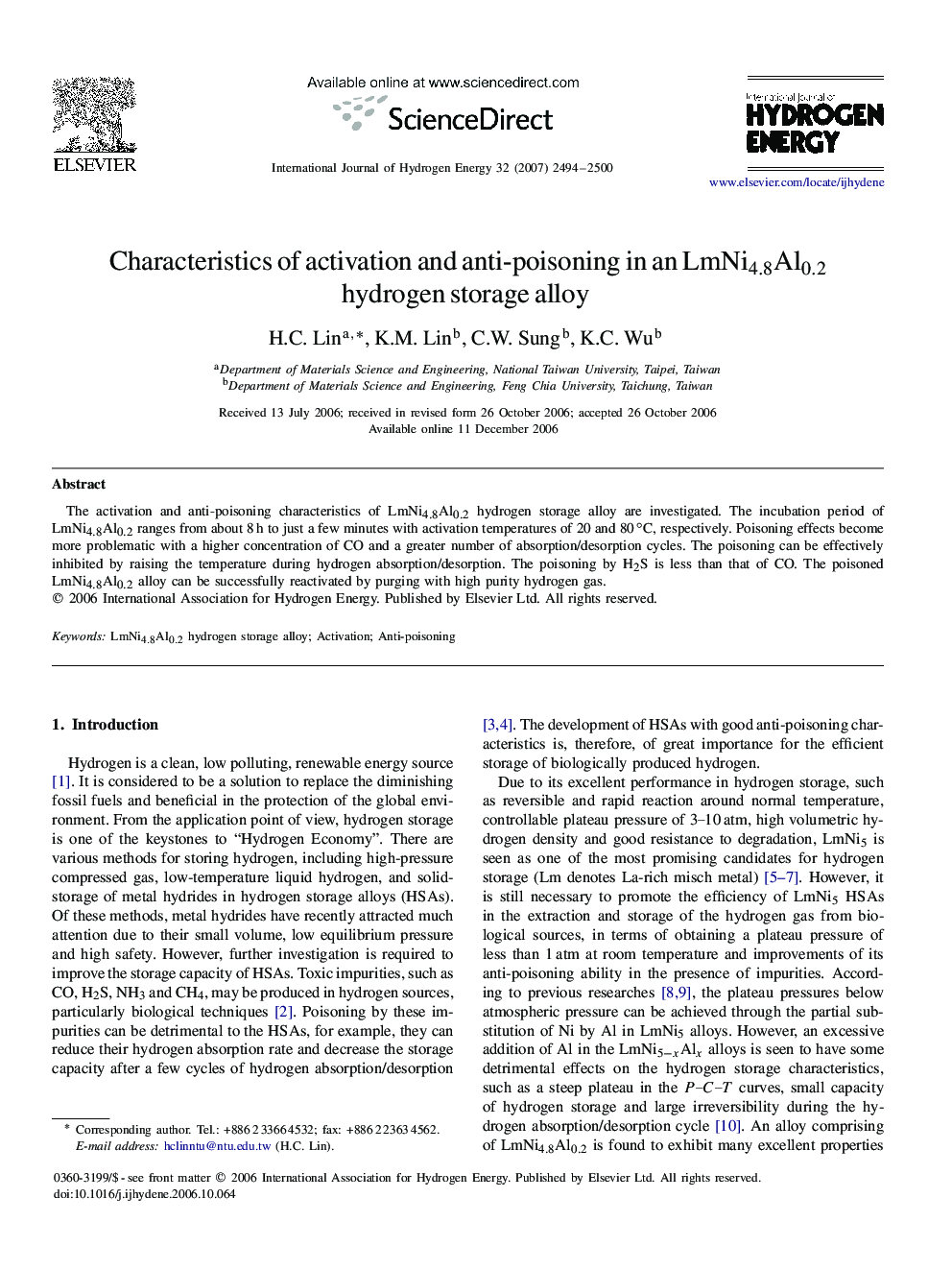 Characteristics of activation and anti-poisoning in an LmNi4.8Al0.2LmNi4.8Al0.2 hydrogen storage alloy