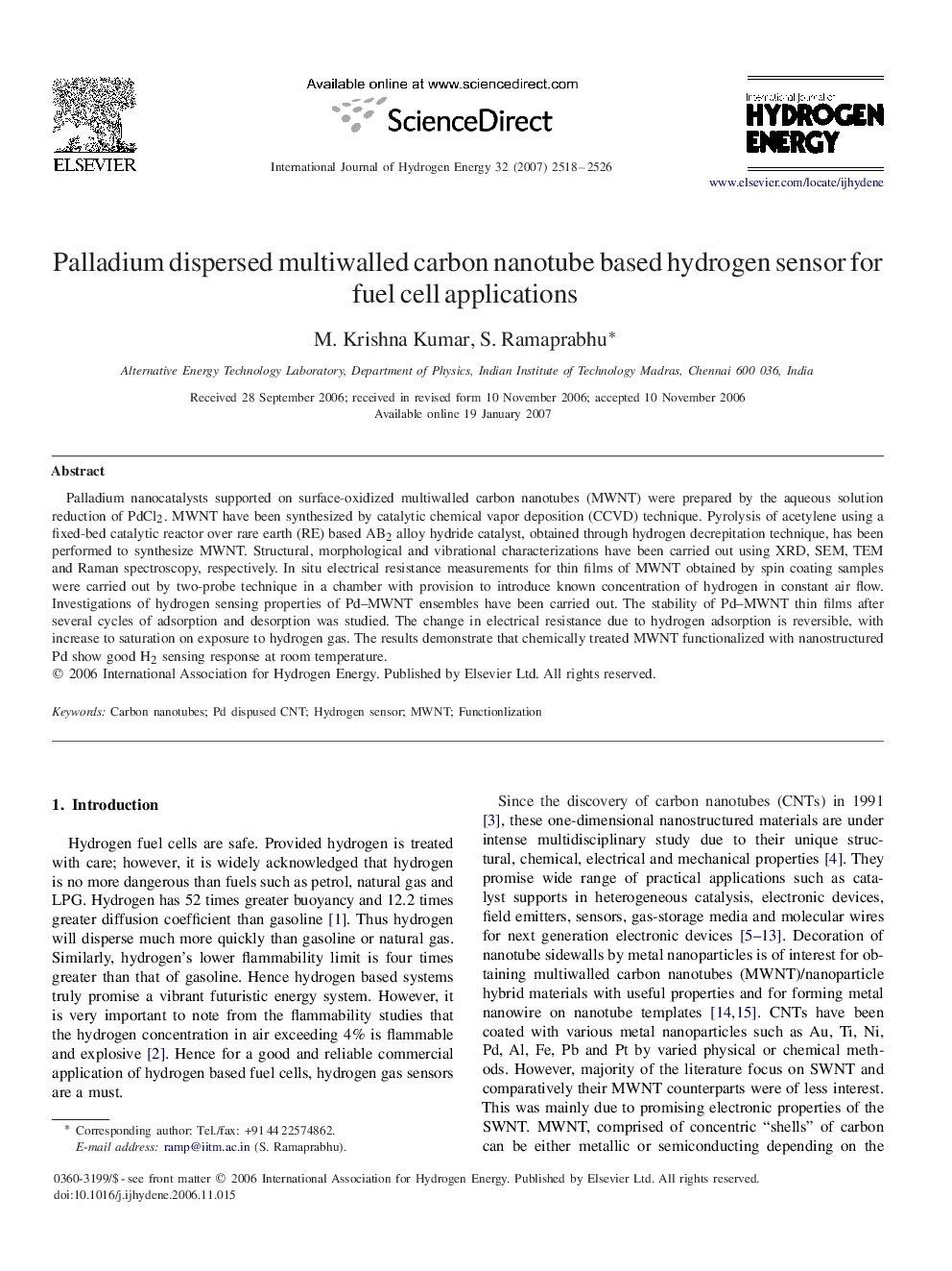 Palladium dispersed multiwalled carbon nanotube based hydrogen sensor for fuel cell applications