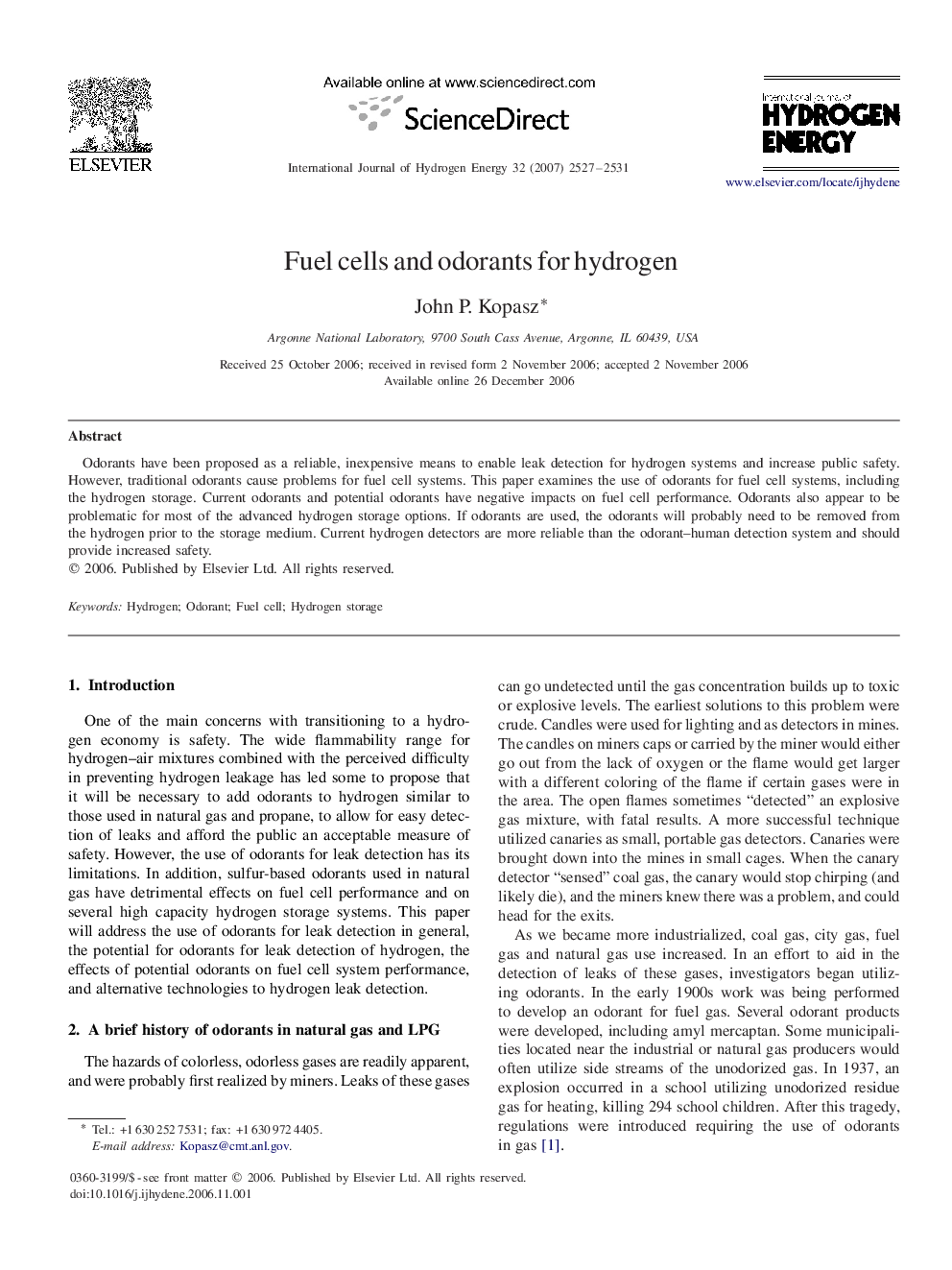 Fuel cells and odorants for hydrogen