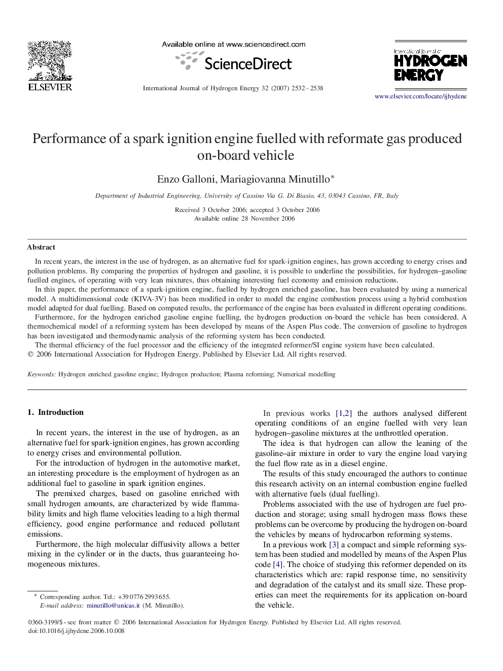 Performance of a spark ignition engine fuelled with reformate gas produced on-board vehicle