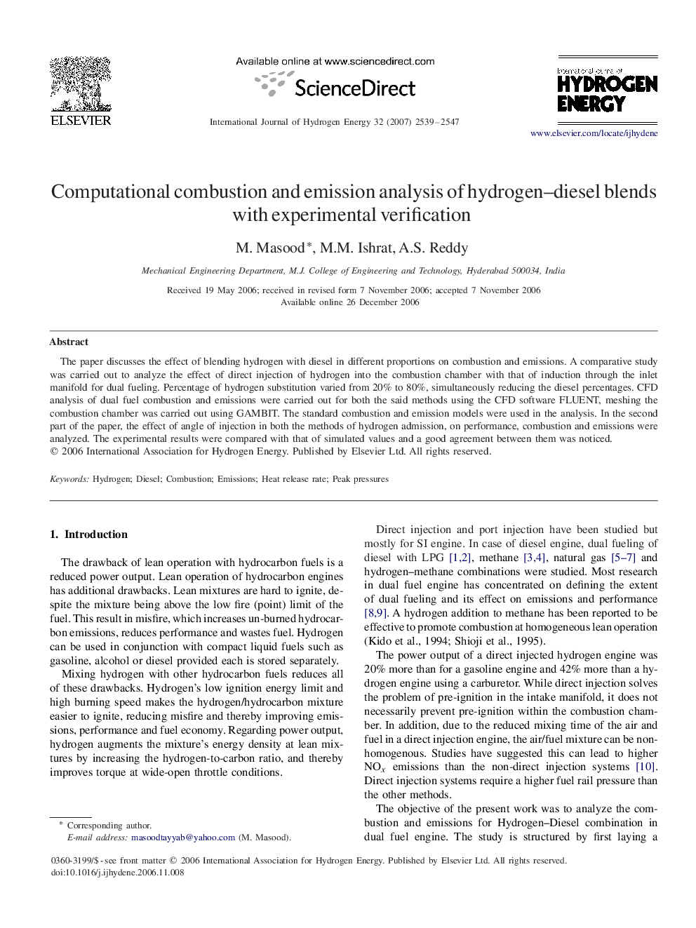 Computational combustion and emission analysis of hydrogen–diesel blends with experimental verification