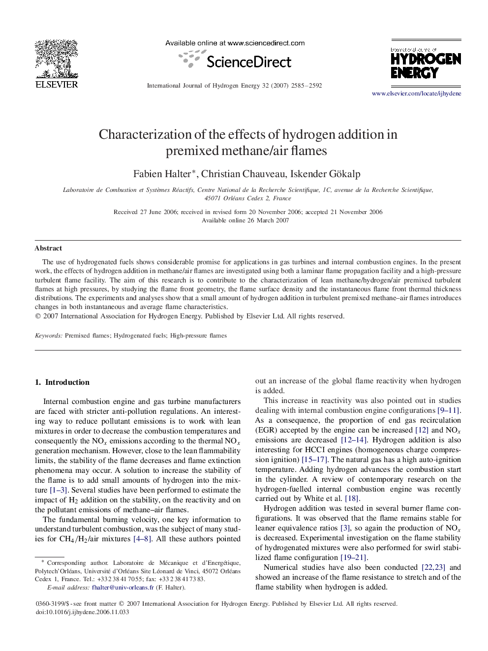 Characterization of the effects of hydrogen addition in premixed methane/air flames