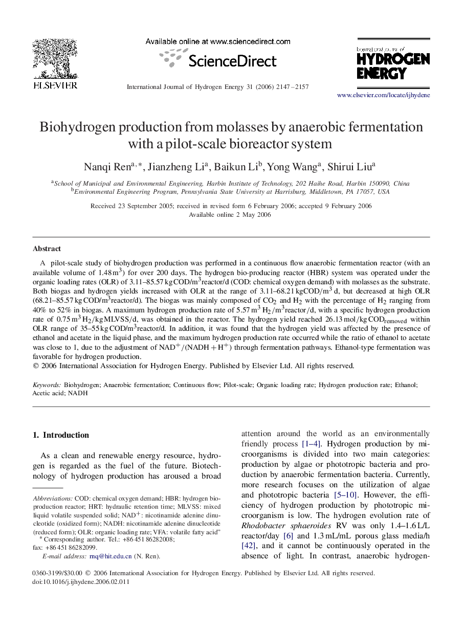 Biohydrogen production from molasses by anaerobic fermentation with a pilot-scale bioreactor system