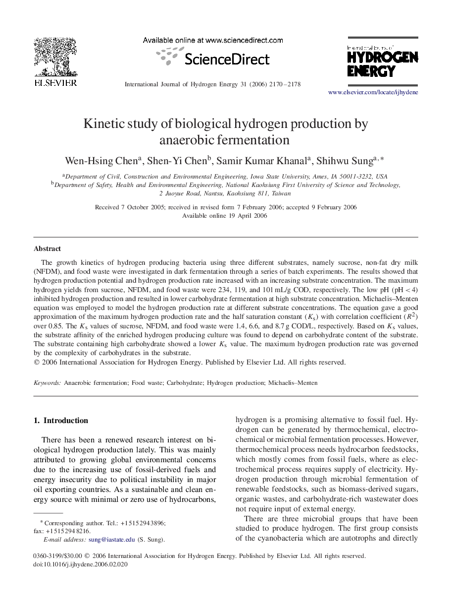 Kinetic study of biological hydrogen production by anaerobic fermentation