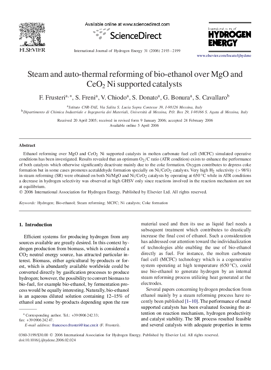 Steam and auto-thermal reforming of bio-ethanol over MgO and CeO2CeO2 Ni supported catalysts