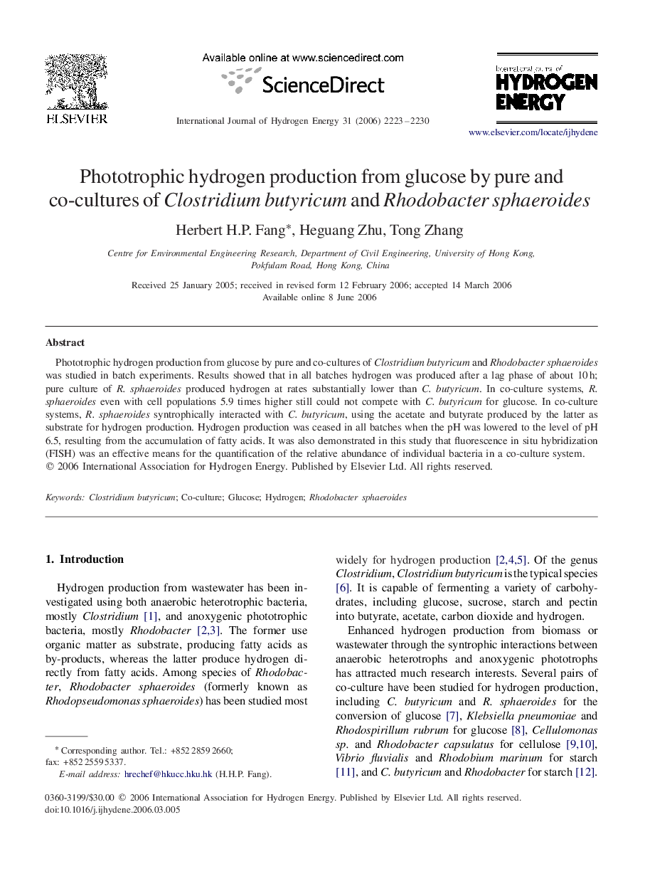 Phototrophic hydrogen production from glucose by pure and co-cultures of Clostridium butyricum and Rhodobacter sphaeroides