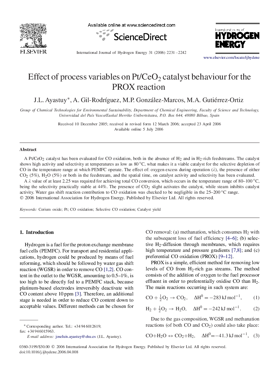 Effect of process variables on Pt/CeO2 catalyst behaviour for the PROX reaction