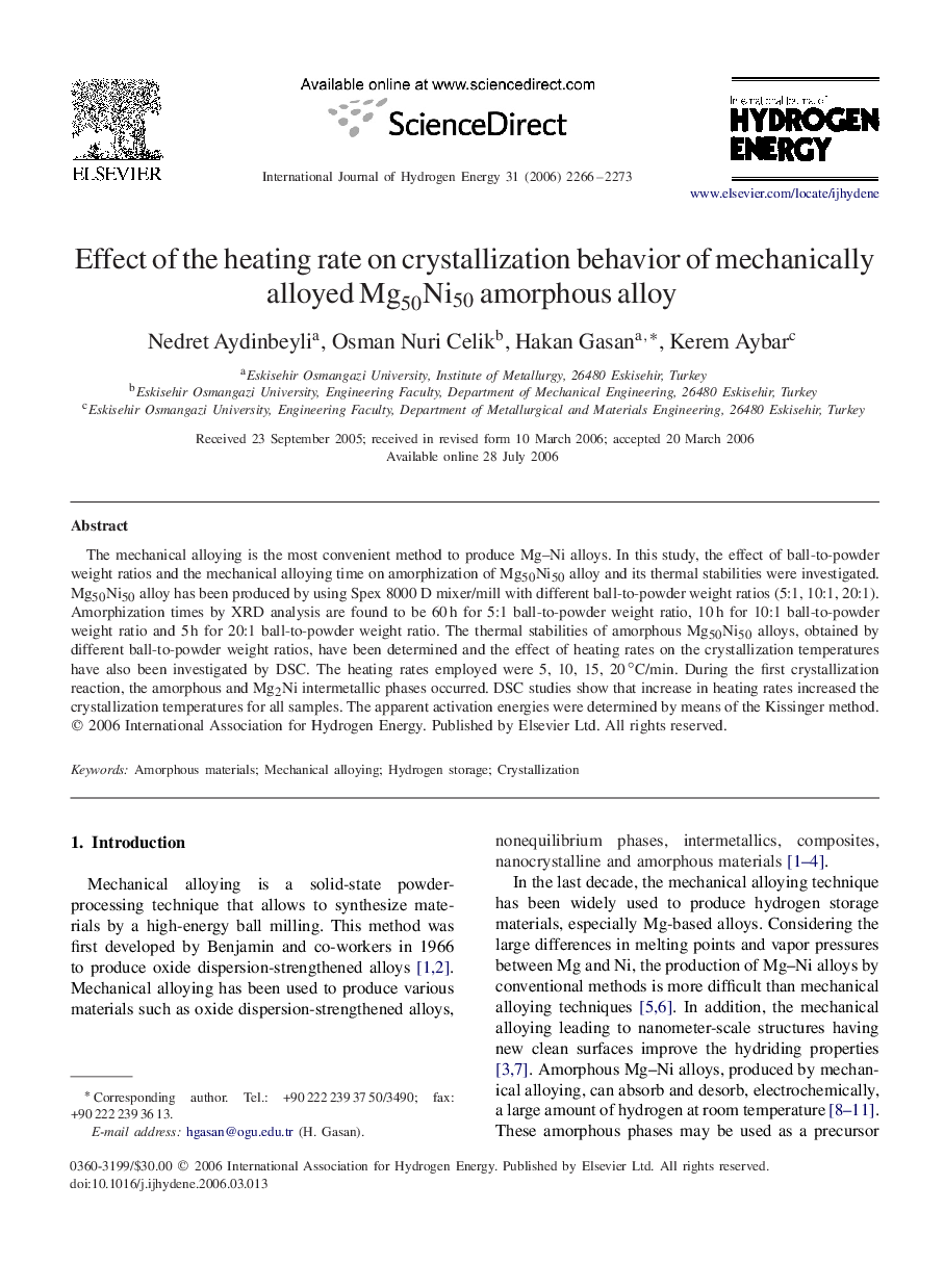 Effect of the heating rate on crystallization behavior of mechanically alloyed Mg50Ni50 amorphous alloy