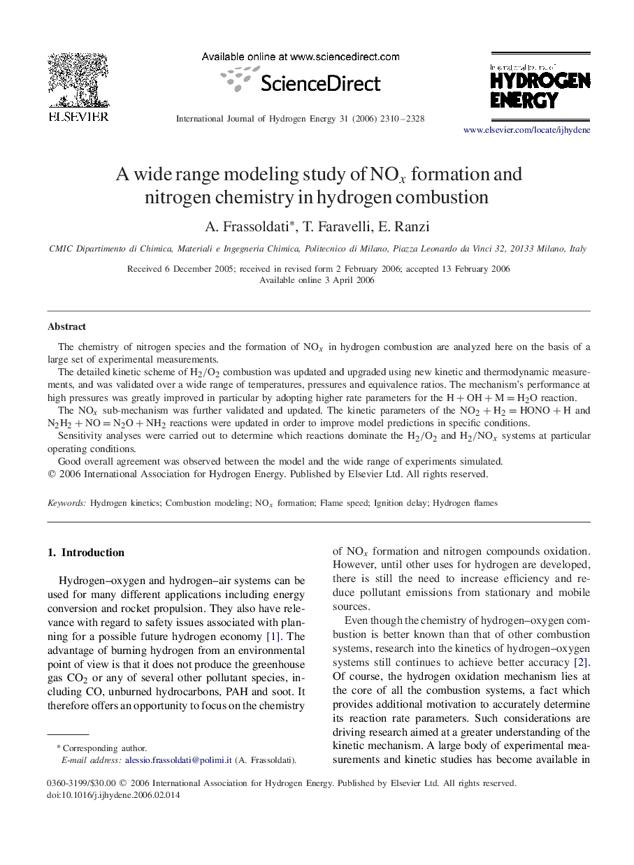 A wide range modeling study of NOxNOx formation and nitrogen chemistry in hydrogen combustion