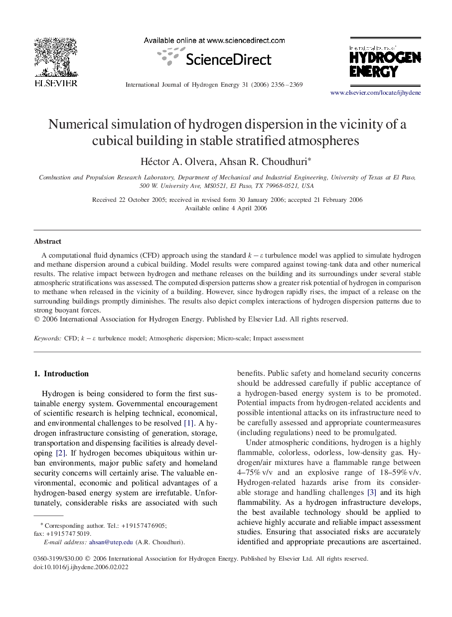 Numerical simulation of hydrogen dispersion in the vicinity of a cubical building in stable stratified atmospheres