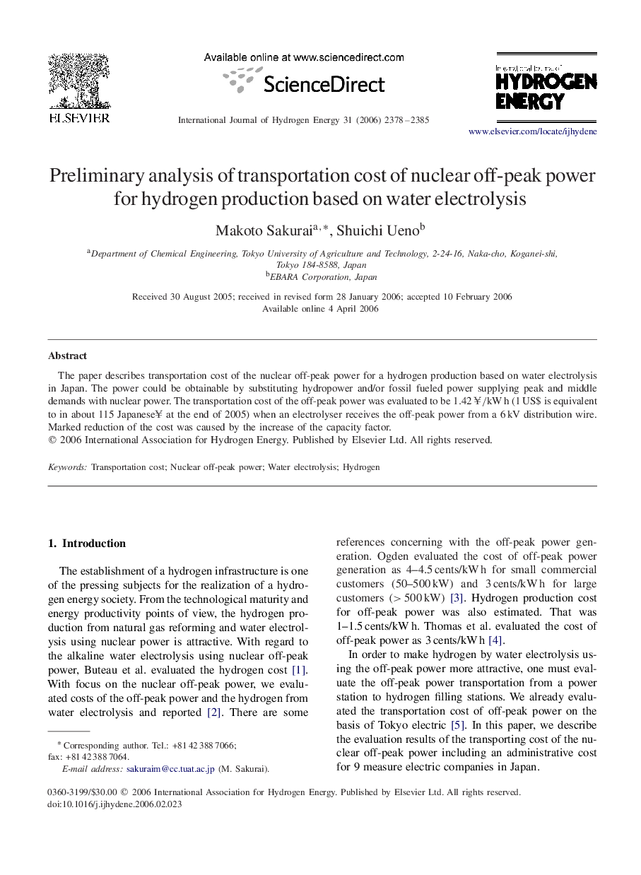 Preliminary analysis of transportation cost of nuclear off-peak power for hydrogen production based on water electrolysis