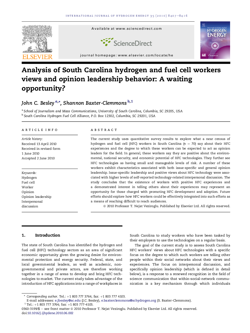 Analysis of South Carolina hydrogen and fuel cell workers views and opinion leadership behavior: A waiting opportunity?