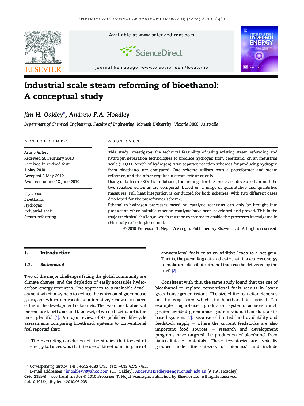 Industrial scale steam reforming of bioethanol: A conceptual study