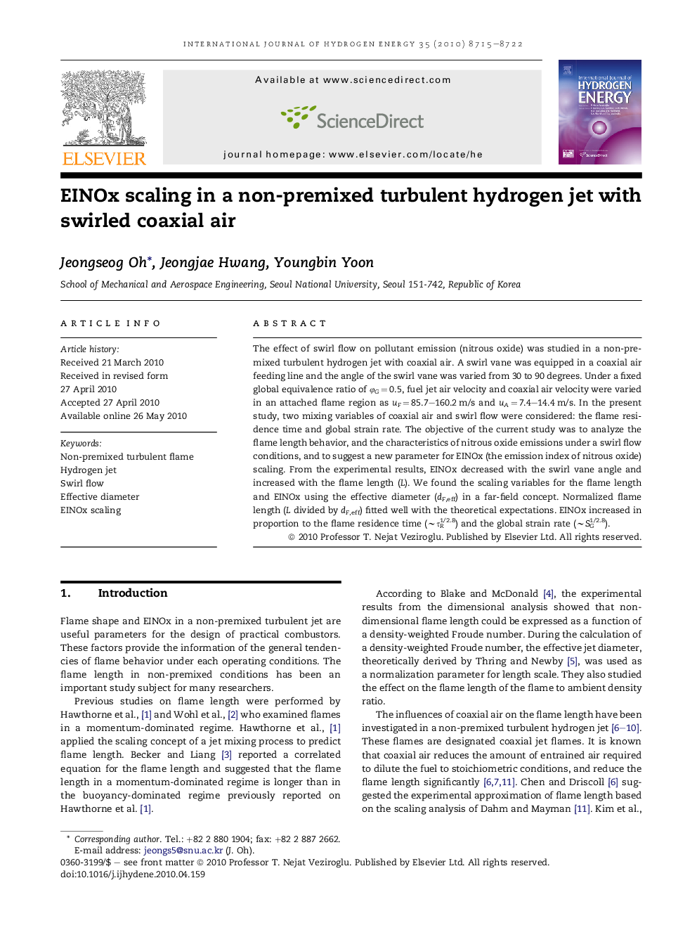 EINOx scaling in a non-premixed turbulent hydrogen jet with swirled coaxial air