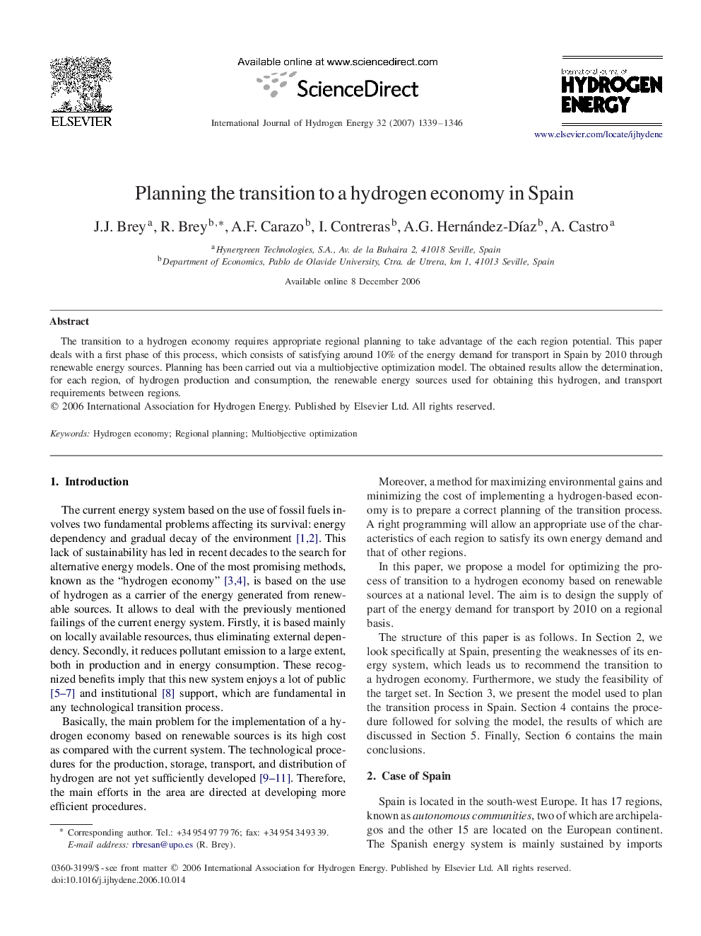 Planning the transition to a hydrogen economy in Spain