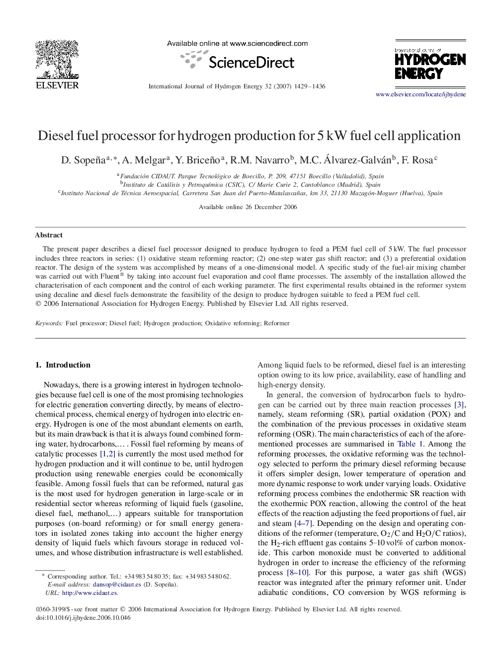 Diesel fuel processor for hydrogen production for 5 kW fuel cell application