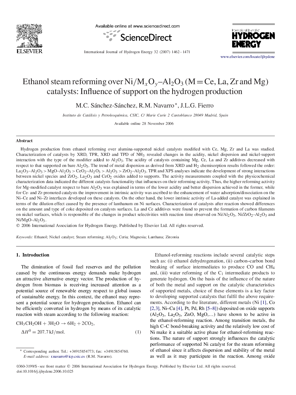 Ethanol steam reforming over Ni/MxOyNi/MxOy–Al2O3Al2O3 (M=CeM=Ce, La, Zr and Mg) catalysts: Influence of support on the hydrogen production