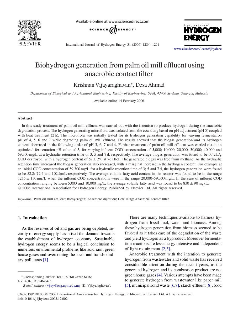 Biohydrogen generation from palm oil mill effluent using anaerobic contact filter