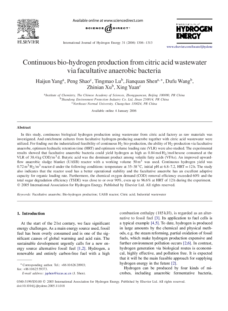 Continuous bio-hydrogen production from citric acid wastewater via facultative anaerobic bacteria