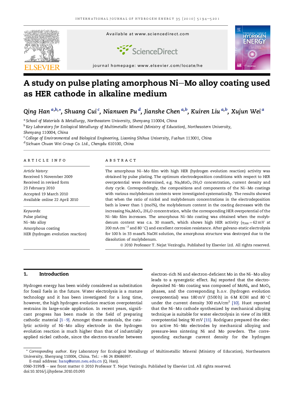 A study on pulse plating amorphous Ni–Mo alloy coating used as HER cathode in alkaline medium