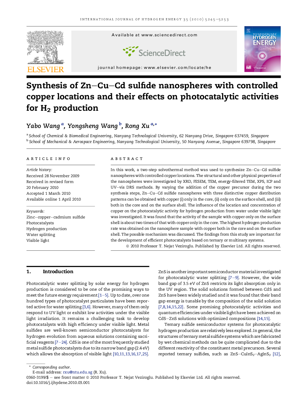 Synthesis of Zn–Cu–Cd sulfide nanospheres with controlled copper locations and their effects on photocatalytic activities for H2 production