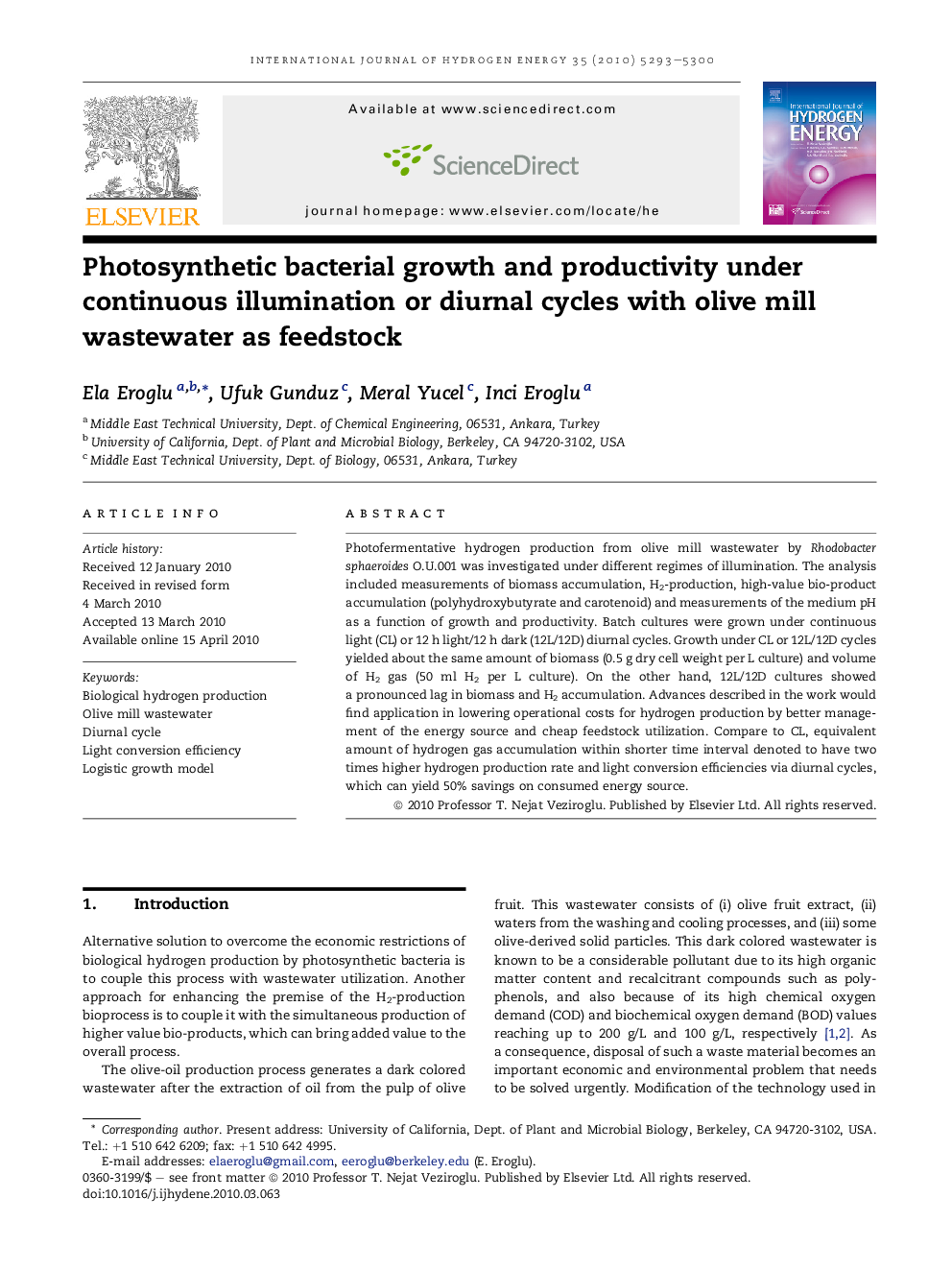 Photosynthetic bacterial growth and productivity under continuous illumination or diurnal cycles with olive mill wastewater as feedstock