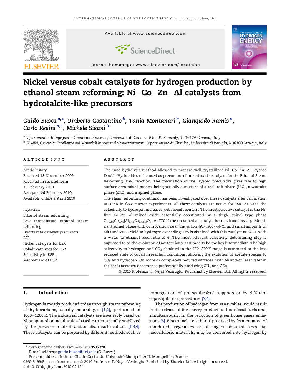 Nickel versus cobalt catalysts for hydrogen production by ethanol steam reforming: Ni–Co–Zn–Al catalysts from hydrotalcite-like precursors