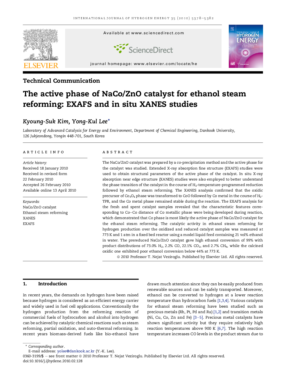 The active phase of NaCo/ZnO catalyst for ethanol steam reforming: EXAFS and in situ XANES studies