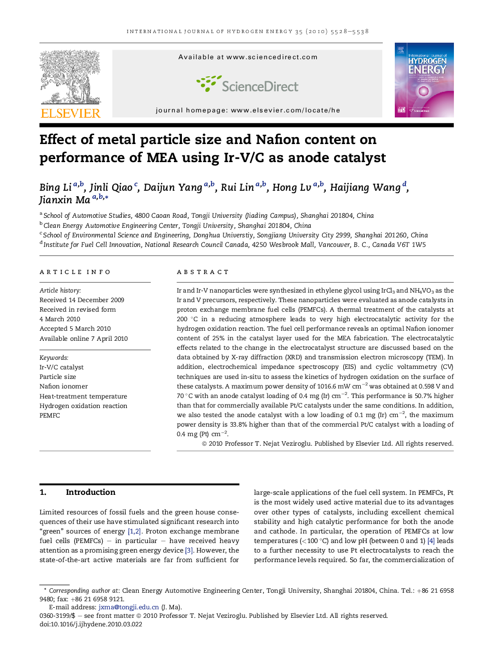 Effect of metal particle size and Nafion content on performance of MEA using Ir-V/C as anode catalyst