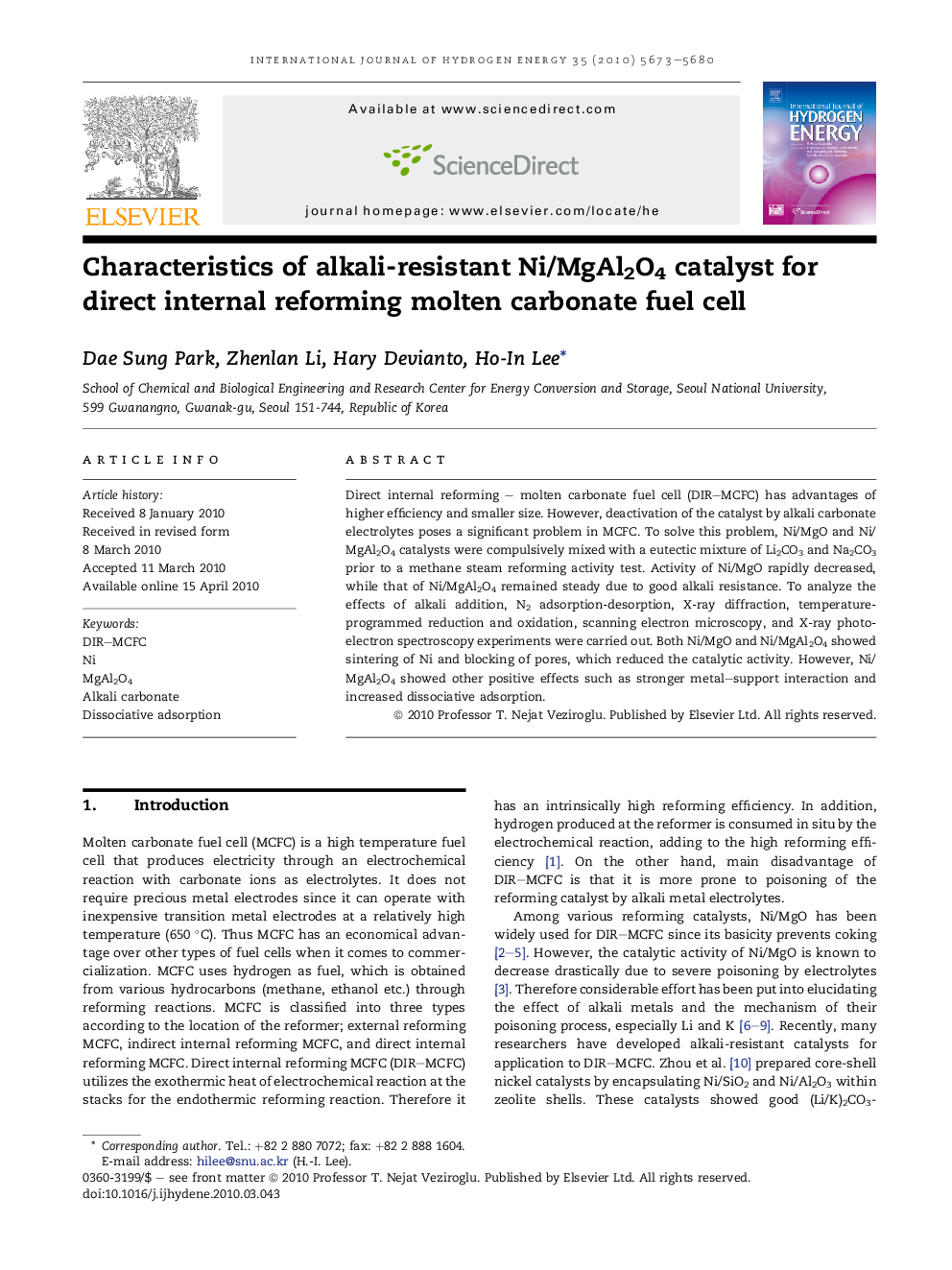 Characteristics of alkali-resistant Ni/MgAl2O4 catalyst for direct internal reforming molten carbonate fuel cell