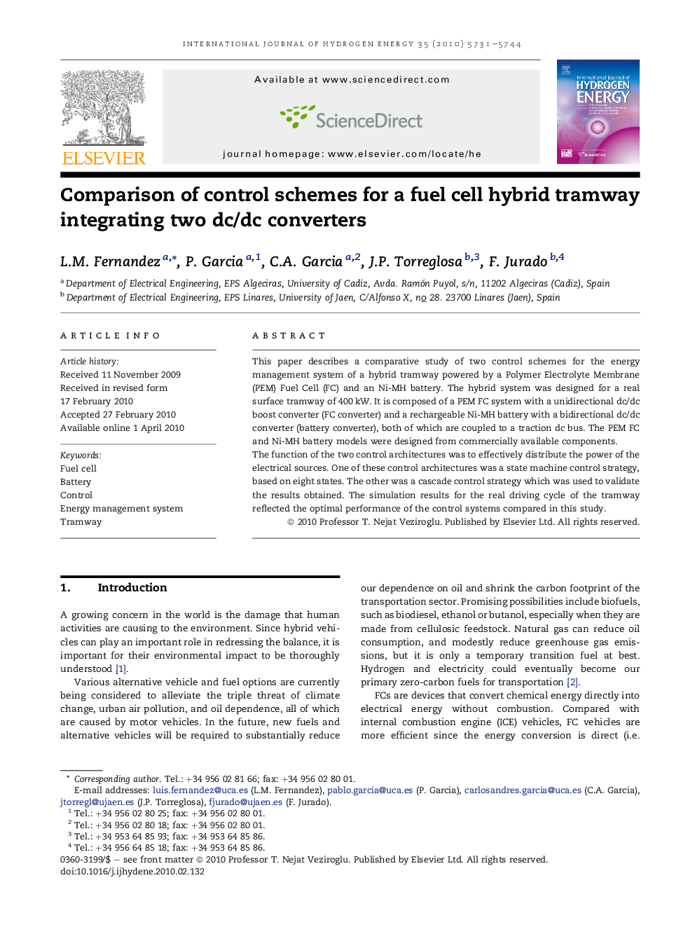 Comparison of control schemes for a fuel cell hybrid tramway integrating two dc/dc converters