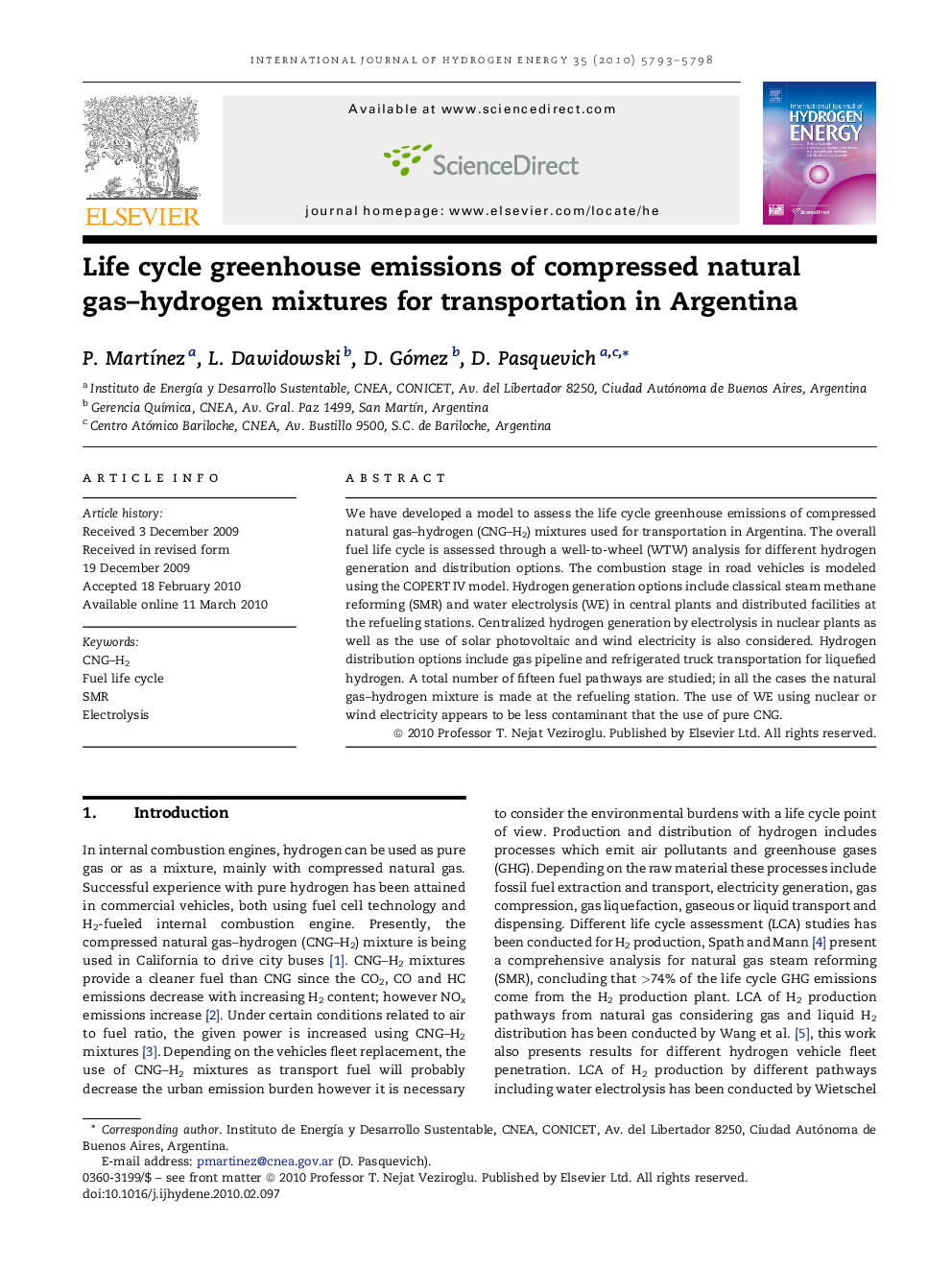 Life cycle greenhouse emissions of compressed natural gas–hydrogen mixtures for transportation in Argentina