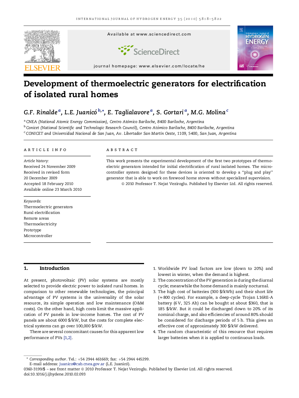 Development of thermoelectric generators for electrification of isolated rural homes