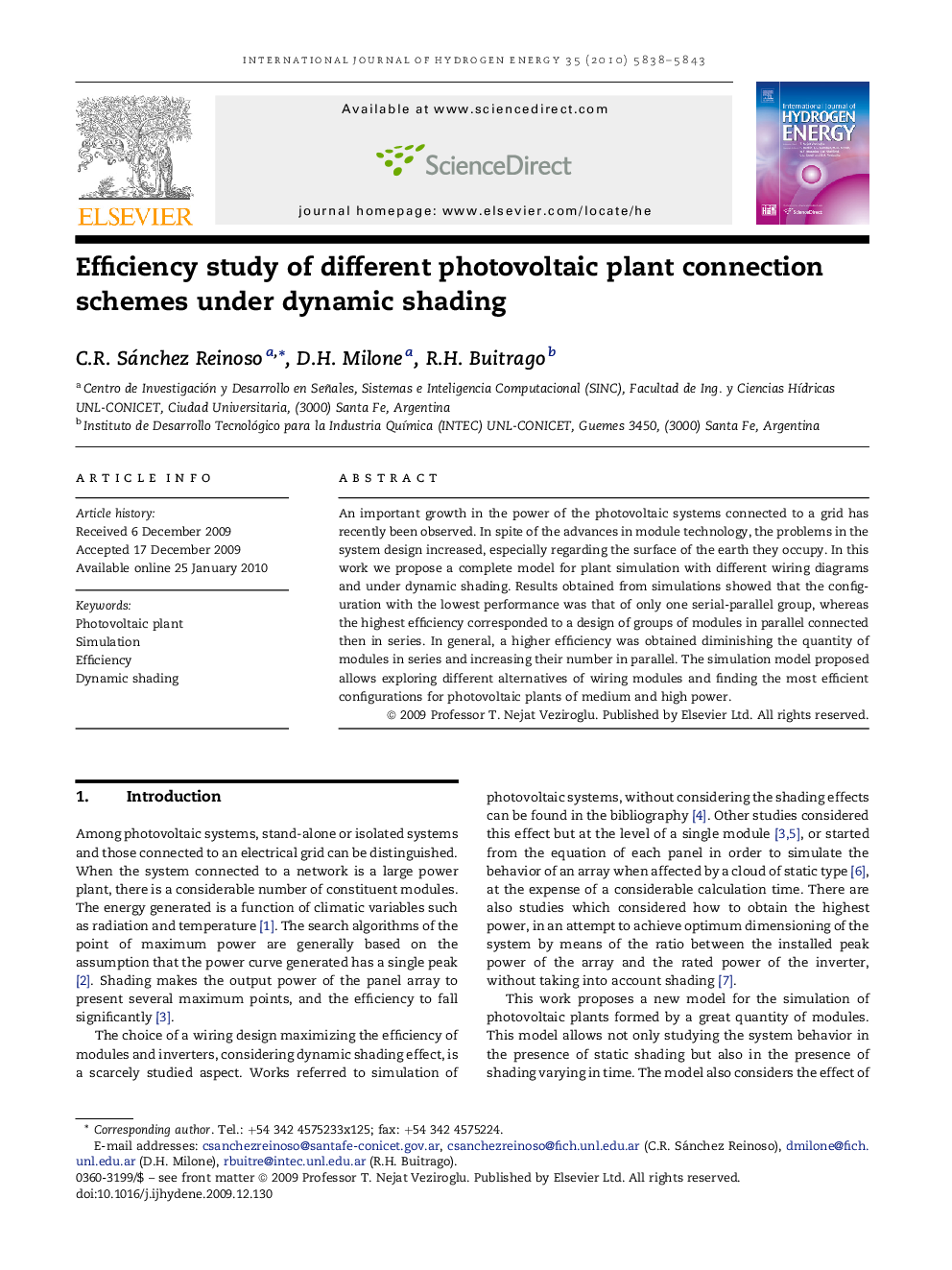 Efficiency study of different photovoltaic plant connection schemes under dynamic shading