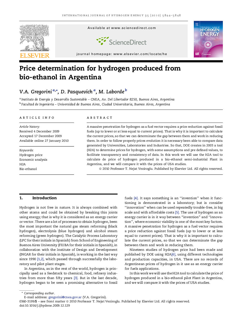 Price determination for hydrogen produced from bio-ethanol in Argentina