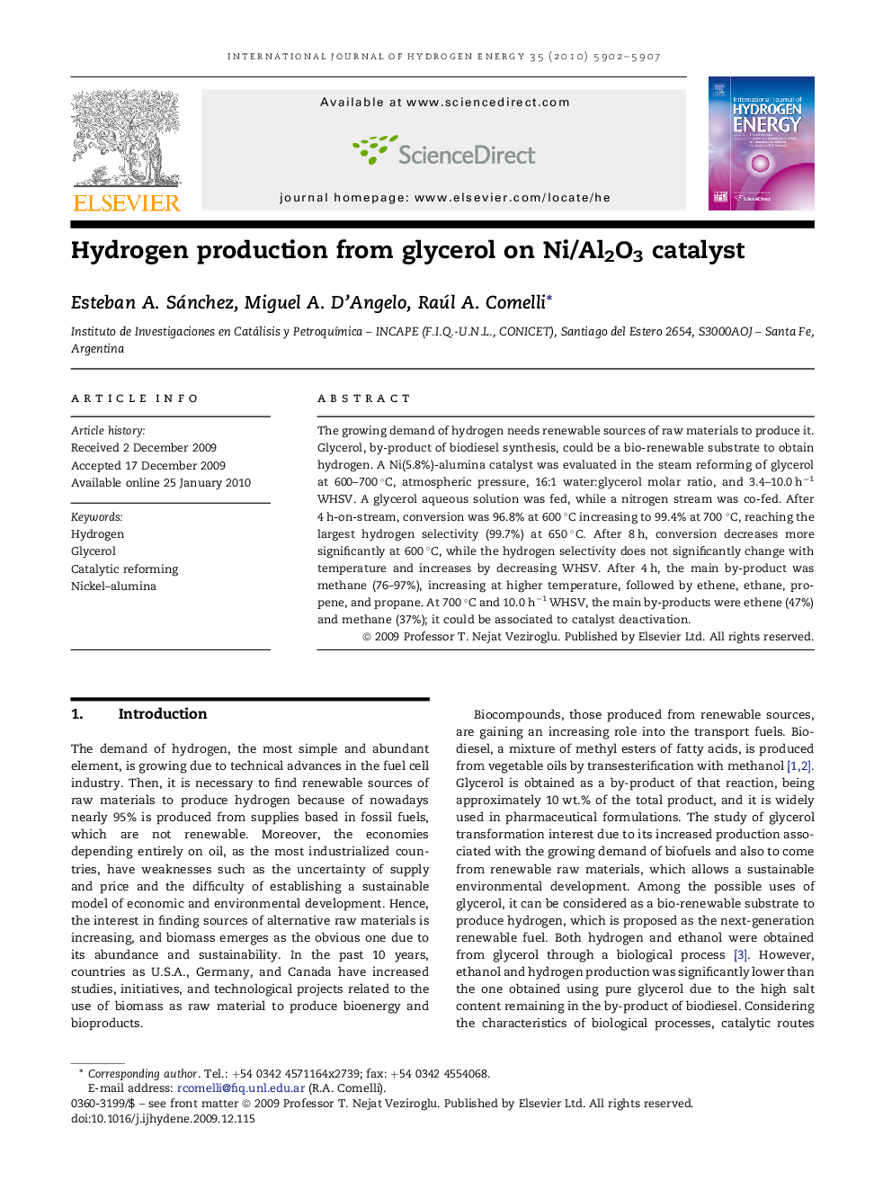 Hydrogen production from glycerol on Ni/Al2O3 catalyst