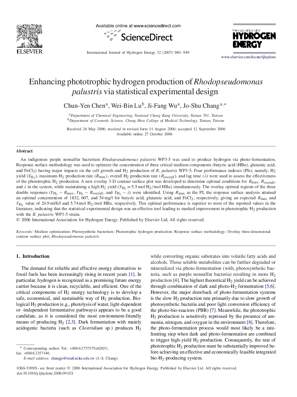 Enhancing phototrophic hydrogen production of Rhodopseudomonas palustris via statistical experimental design