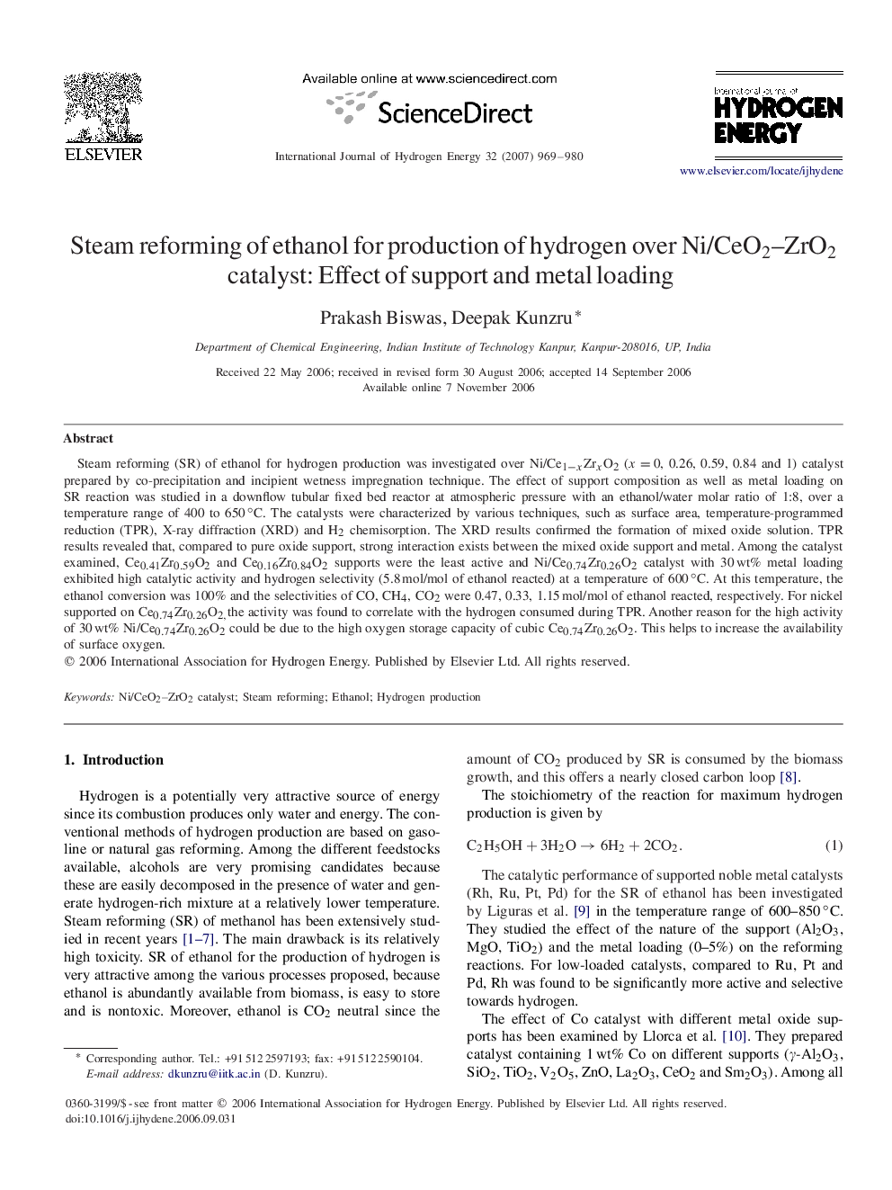 Steam reforming of ethanol for production of hydrogen over Ni/CeO22–ZrO22 catalyst: Effect of support and metal loading