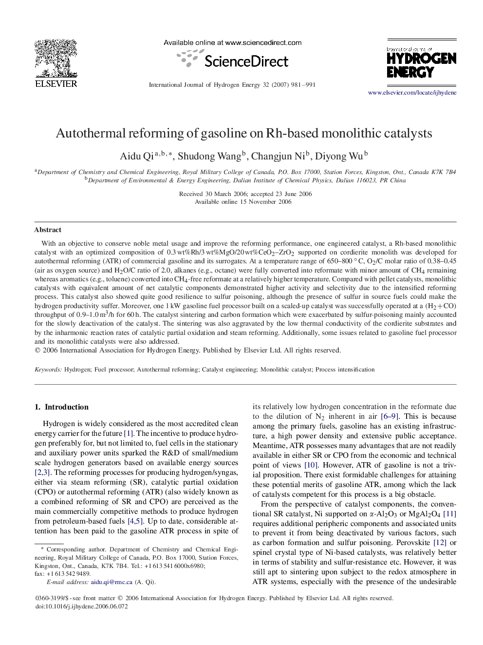 Autothermal reforming of gasoline on Rh-based monolithic catalysts