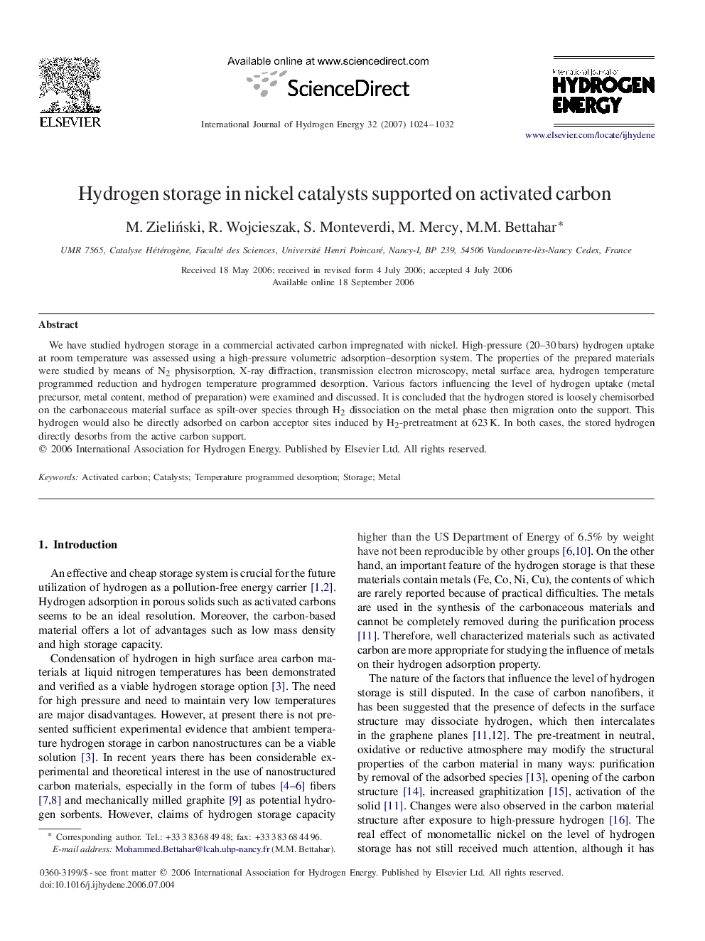 Hydrogen storage in nickel catalysts supported on activated carbon