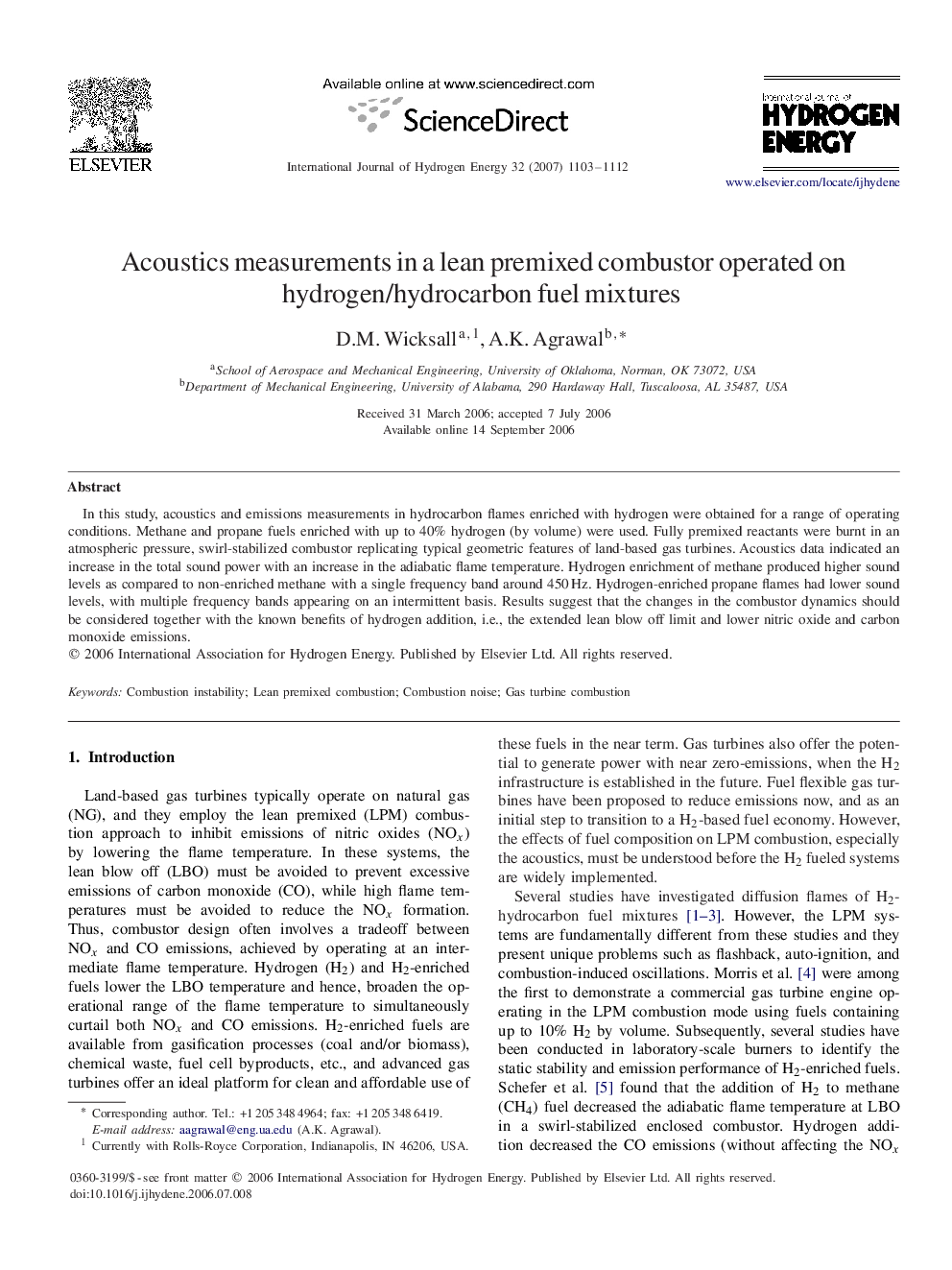 Acoustics measurements in a lean premixed combustor operated on hydrogen/hydrocarbon fuel mixtures